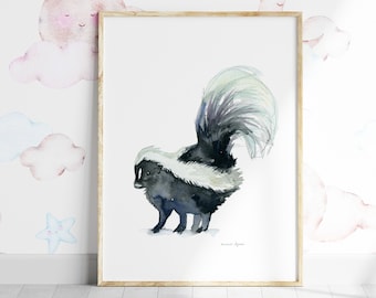 Skunk Watercolor Painting Art Print, American Animal Nursery Decor