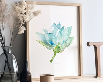 Lotus Art Aqua blue Lotus Flower Watercolor Painting Wall Art Print Blue Green Decor teal Flower Wall art Yoga decoration gift for meditator