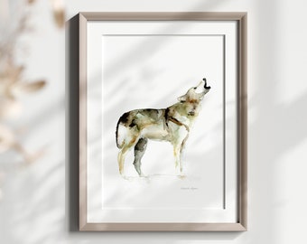 Howling Wolf Watercolor Painting, Minimalist Forest Animal Print
