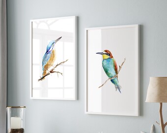 Common kingfisher and bee eater watercolor painting, set of 2 prints, blue green birds, kingfisher art, zen art, bird wall art, Eurasian