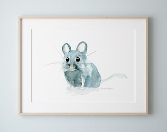 Mouse Watercolor Art Print, Blue Grey Nursery Wall Decor