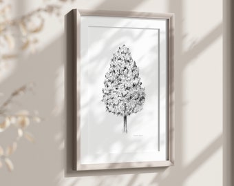 White oak art tree pencil drawing tree art oak tree wall decor fine art print gray black and white living room tree decoration Zen sketch