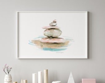 Zen Stones Watercolor Art Print - Meditation Room Decor