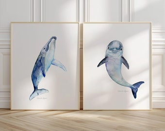 Baby Dolphin and Whale Watercolor Art Prints, Set of 2
