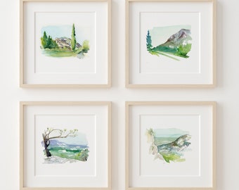 Set of 4 mountain landscape paintings France Art prints French Landscape Provence hills watercolor minimalistic art Europe wall decoration