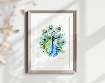 Peacock Art, peacock Watercolor Painting, fine art print, Peacock illustration, blue green Home decor, Peacock portrait, zen watercolor