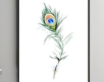 Peacock feather Art, Peacock feather Watercolor Painting, Fine Art print, feather illustration, Home decor, green Wall Art, feather print