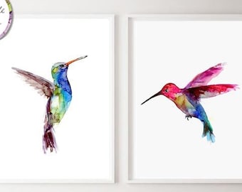 Hummingbird watercolor art - hummingbird Painting - Set of 2 Prints - animal painting - hummingbird illustration - Nursery hummingbird decor