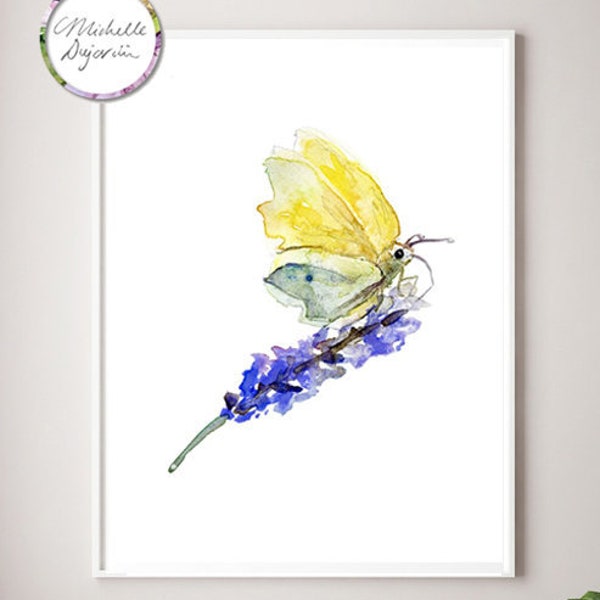 Brimstone Butterfly Art - Butterfly Watercolor - Aquarelle Papillon - watercolour lavender France - Yellow Purple Lilac Nature illustration