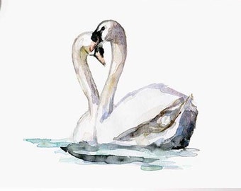 Swan Art, swans Watercolor Painting, print, romantic painting, wedding gift, bedroom art, swanlake, love illustration, zen watercolor