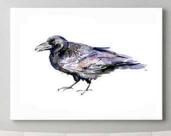 Raven art, raven watercolor painting, fine art print, black bird, zen art, Zen watercolor, black and blue, home decor for bird fans