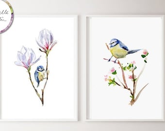 Magnolia and bird Watercolor Painting, set of 2  Print, bluetit bird art, spring Flower Watercolor, Spring wall Art, bedroom prints