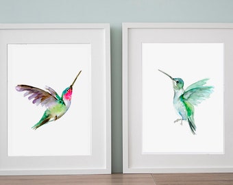 Green Hummingbird art - hummingbird watercolor Painting - Set of 2 Prints - animal painting - hummingbird illustration - Nursery hummingbird