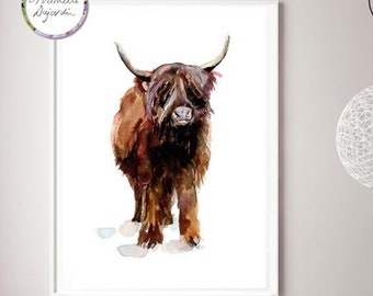 Highlander Art Cattle Watercolor Painting Art Print Heck cattle illustration Cow Art Cattle painting, bull painting, bovine wall art