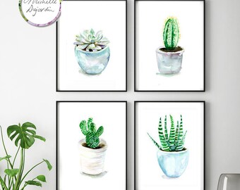 Plants Art, Succulent painting, cactus watercolor, set of 4 giclee prints, Botanical wall art, succulent, cactus, sansevieria illustration