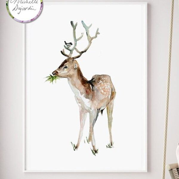 Deer Art, bird on antlers Watercolor Painting, giclee Art print, Nursery Deer poster, Forest Animal art, deer illustration, nursery art