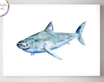 Shark Wall Art, shark Watercolor painting, giclee Print, great white Shark illustration, sea Animal, ocean art, canvas print