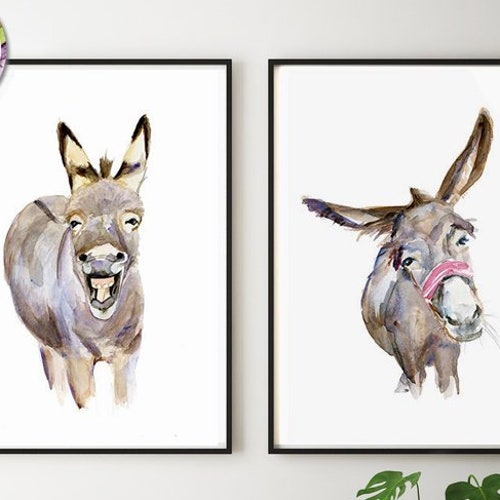 Funny Donkey Art Set of 2 Prints Donkey Watercolor Etsy