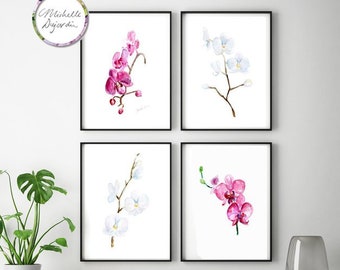 Orchid Art, Orchids watercolor Painting, 4 Giclee Prints, white flower, pink flower, flowers Wall art, orchids illustration, orchid drawing