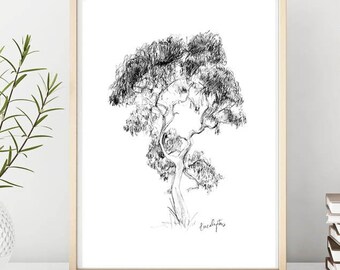 Eucalyptus tree, tree drawing, grey wall art, zen sketch by Michelle Dujardin, Eucalyptus art, grey interior, fine art print, black white