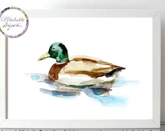 Duck Art - Drake Duck Watercolor Painting -  print - Bird Art - Duck illustration - Zen painting - Duck drawing - male duck - Water birds