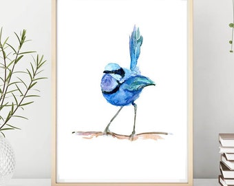 Prachtelfje schilderij, Aquarel schilderij van Australische vogel, blauwe vogel illustratie, giclee print, vogel kunst michelle dujardin,