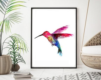 Flying Hummingbird Watercolor Painting -  art Print -  bird painting - hummingbird art - red blue - home decor - hummingbird drawing