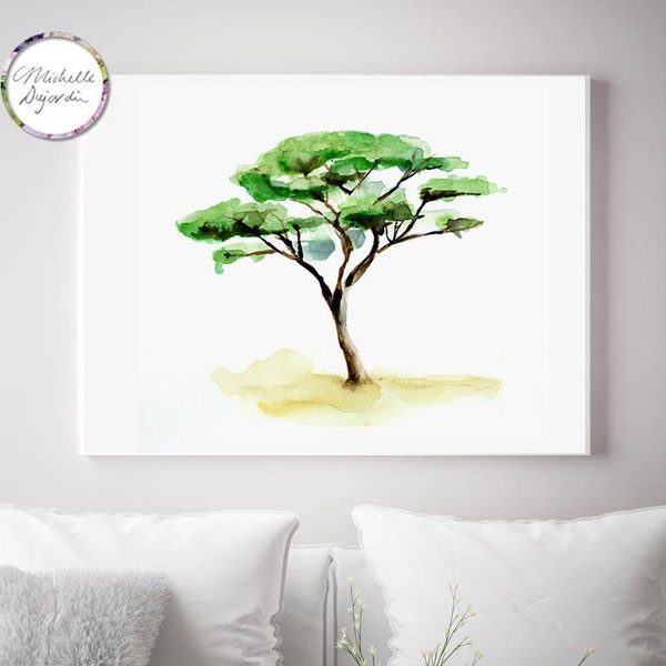 Arbre africain de savane, peinture d'aquarelle de Vachellia tortilis, arbre d'acacia, illustration d'arbre de steppe, arbres d'Afrique, Michelle Dujardin