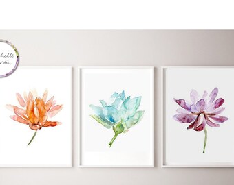 Lotus Art, Lotus Flower Watercolor paintings, set of 3 Prints, Purple, orange, teal, Blue Green Wall Art, Buddhism Art, Lotus Print