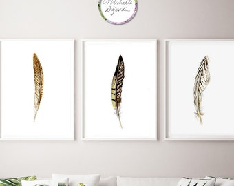 Phaesant Feather Watercolors - set of 3 prints - feather painting - illustration Feather wall Art - Phaesant feather decor