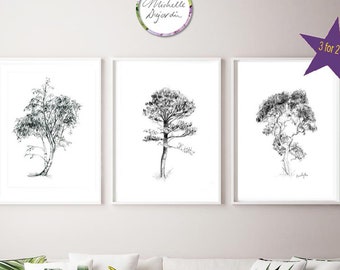 Tree art, set of 3 pencil drawings, pine tree, birch tree and Eucalyptus tree drawing, fine art prints, grey white wall art, Dujardin