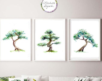 Tree art,  Bonsai tree Watercolor Paintings, set of 3 Prints, Japanese Bonsai Wall Art, zen art, green wall art, green decor, Zen painting