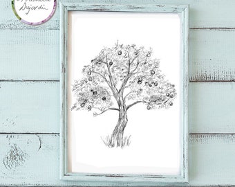 Apple tree art, pencil drawing of an apple tree, tree wall art, black, grey, white, apple tree illustration, nature sketch, zen art