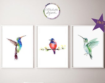 hummingbird art, hummingbird set of 3 prints, hummingbirds watercolor painting, hummingbird wall art, bird decor, nursery hummingbirds