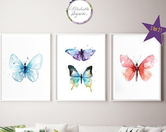 Watercolor Butterflies  - Butterfly Art - butterfly painting -set of 3 prints - butterfly illustration - butterfly art pink blue yellow