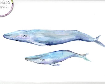 Blue whale art, Mother and baby whales, fine whale art, nursery whale, big whales, whale watercolor painting, blue whale illustration