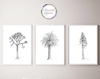 American Tree wall art, beautiful trees, palm tree, sequoia and joshua drawing, tree prints, pencil drawing of trees, grey wall art, zen