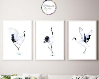 Japanese cranes art, crane watercolor painting, crane bird print set, black, white, red, birds of Japan illustration, Zen paintings