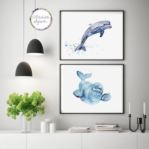 Dolphin Art, beluga watercolor painting, set of 2 prints, white dolphin Painting, Beluga art, nursery dolphin, sealife nursery, blue decor image 1
