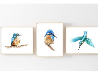 Kingfisher Art set of 3 prints Kingfisher painting teal blue wall art blue birds decoration King fisher print aqua marine livingroom decor