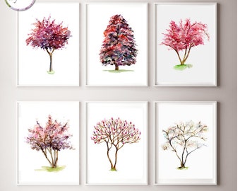 Tree wall art prints - Set of 6 trees - pink decor - magnolia, blossom trees - red wall art - japanese cherry - tree watercolor paintings