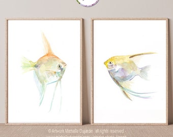 Aquarium angelfish art, tropical fish prints, pale yellow angelfish, set of 2 prints, aquarium wall art, fish art, watercolor paintings