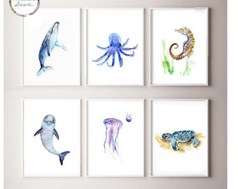 Baby sea animal Art, set of 6 prints, baby whale, dolphin, jellyfish, seaturtle, sea horse, octopus watercolor painting, Nursery wall Art