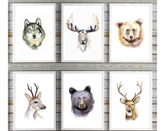 Animal portraits - wildlife art - bear watercolor painting - 6 Prints - black bear - deer art - moose portrait - wolf painting - animal art
