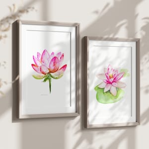 Pinturas em aquarela de lótus rosa - conjunto de 2 gravuras - arte de lótus - decoração de flores desenho de nenúfar rosa - decoração rosa - aquarela de flores