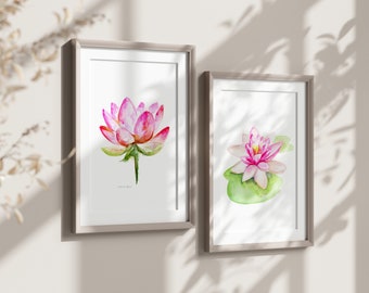 Pink lotus Watercolor Paintings - set of 2 Prints - lotus Art - Flower decor pink waterlily drawing - pink decor - flower watercolor