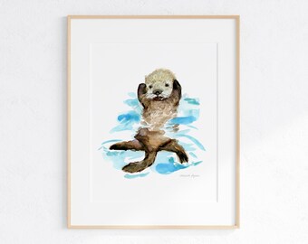 Baby Otter Watercolor Art Print, Ocean Nursery Decor