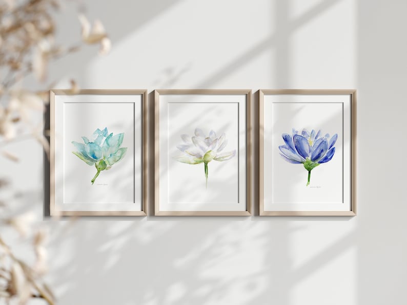 Lotus Flower Watercolor Art Prints, Floral Set of 3 Teal Blue - Etsy