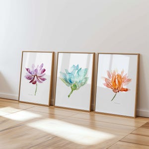 Lotus Art Prints set of 3 Lotus Flower Watercolor paintings Purple orange teal Wall Art Lotus decoration Buddhism home decor meditation art