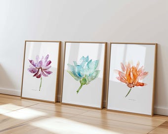 Lotus Art Prints set of 3 Lotus Flower Watercolor paintings Purple orange teal Wall Art Lotus decoration Buddhism home decor meditation art